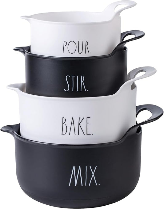 Rae Dunn Non-Slip Mixing Bowls - 4 Piece Nesting Plastic Mixing Bowl Set with Pour Spouts and Handles-Measurement Markings (Black)