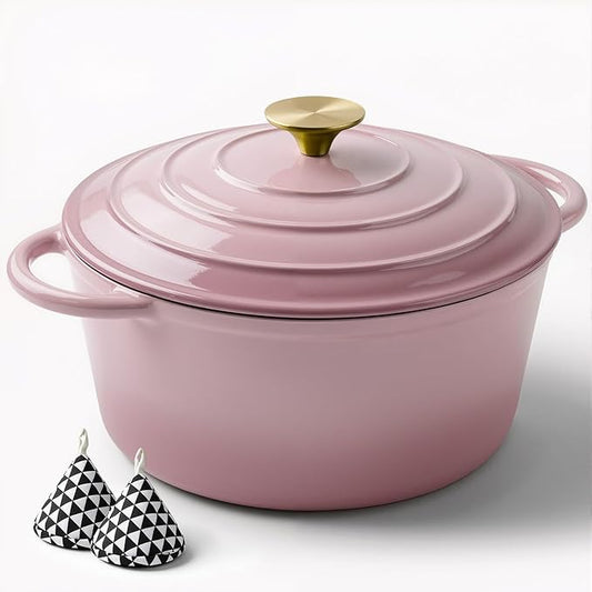 Miereirl 6 Quart Enameled Dutch Oven Pot with Lid, Cast Iron Dutch Oven with Dual Handles for Bread Baking, Cooking, Non-stick Enamel Coated Cookware, Pink by Miereirl