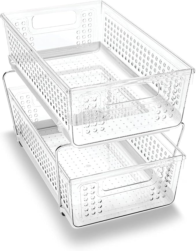 madesmart 2 Tier Organizer, Under Cabinet Storage with Pull Out Sliding Drawers, for Cleaning Supplies, Undersink Storage, Sponges, Bottles & Bath, Adjustable Dividers & Pull Out Baskets, Clear by madesmart%C2%AE