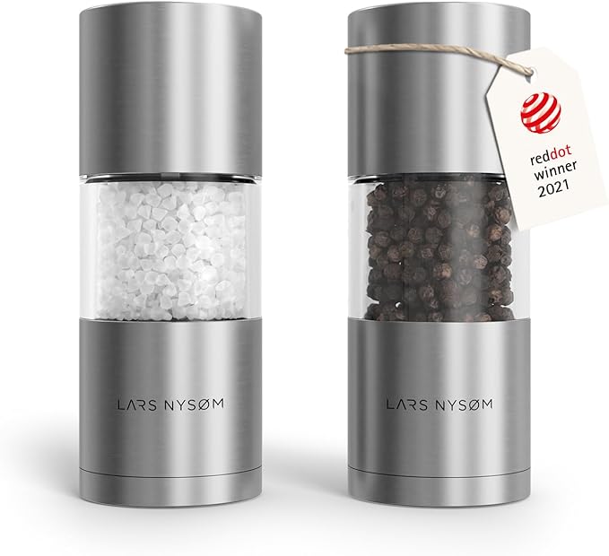 LARS NYSØM Salt and Pepper Grinder Set, Manual Salt and Pepper Mills with Adjustable Ceramic Grinder, Design Spice Shaker Set (Stainless Steel) by LN