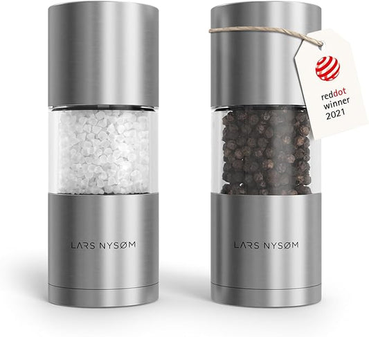 LARS NYSØM Salt and Pepper Grinder Set, Manual Salt and Pepper Mills with Adjustable Ceramic Grinder, Design Spice Shaker Set (Stainless Steel) by LN