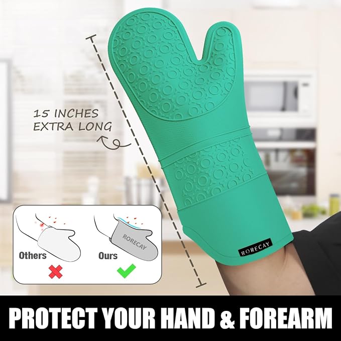 Rorecay 6pcs Oven Mitts and Pot Holders Sets Heat Resistant 500 Degrees, Non-Slip Silicone Hot Pads Potholders for Kitchen Baking Cooking, Extra Long Oven Gloves Quilted Liner, Jungle - Image 3