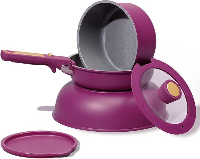 CAROTE Ceramic Pots and Pans Set, Nonstick Cookware Set Detachable Handle, 6pcs Induction Kitchen Cookware Sets Non Stick with Removable Handle, RV Cookware Set, Oven Safe, Purple - Image 4