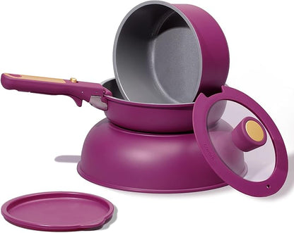 CAROTE Ceramic Pots and Pans Set, Nonstick Cookware Set Detachable Handle, 6pcs Induction Kitchen Cookware Sets Non Stick with Removable Handle, RV Cookware Set, Oven Safe, Purple - Image 4