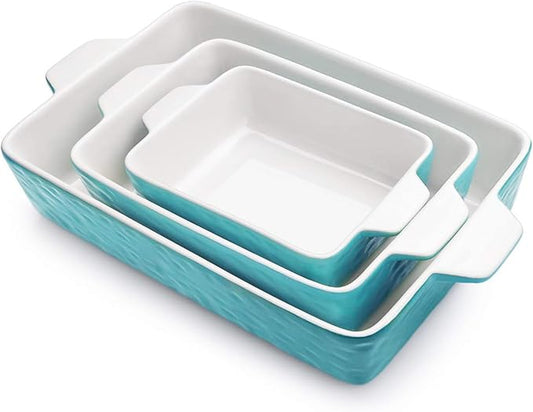 Casserole Dishes for Oven, Ceramic Baking Dishes, Lasagna Pan with Handles, Porcelain Baking Pan Deep, Bakeware for Baking, Cooking, Wedding Gift, Set of 3 (11.6" x 7.8", Aquamarine) by Krokori