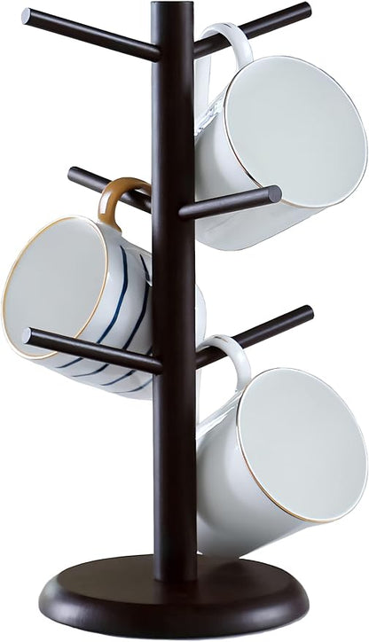 Dorhors Mug Tree,Coffee Cup Holder with 6 Hooks,Wood Mug Holder for Counter,Coffee Bar Accessories and Orgnizer Station (Brown)
