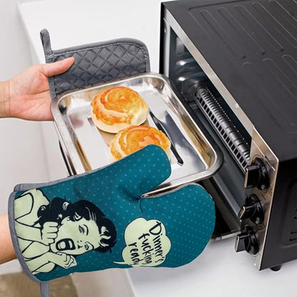 zcyhtqp, Dinner's Fxxking Ready, Funny Silicone Non-Slip Oven Mitts and Pot Holders Sets of 2, Baking Cooking Gifts for Mom Wife, Fun Kitchen Decor for Baking Cooking Grilling