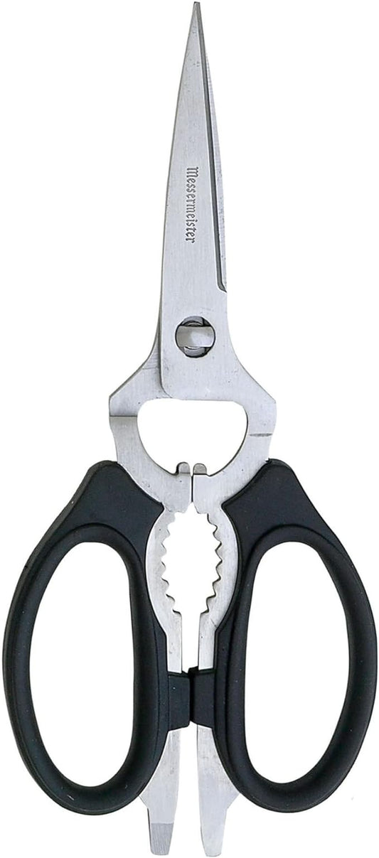 Messermeister 8-Inch Take-Apart Kitchen Scissors, Black - Includes Screwdriver, Nut Cracker, Jar Lid Opener/Gripper, Bottle Opener & Bone + Twig Cutter - Suitable for Lefties & Righties