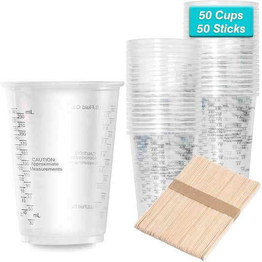 XUXU 50pcs 8oz Graduated Clear Plastic Measuring Cups with Wooden Stirring Sticks for Mixing Paint, Pigments, Epoxy Resins, Resins by XUXU