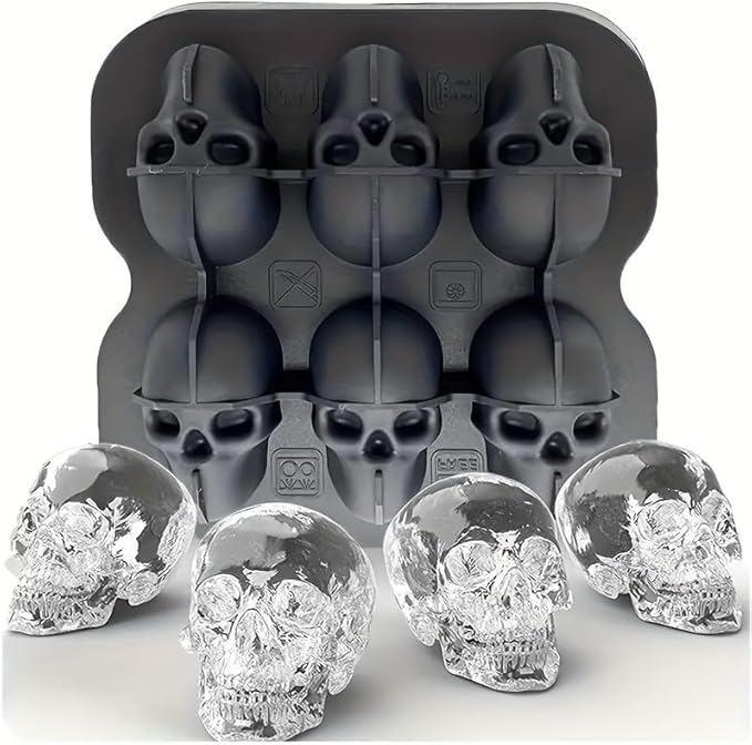 Skull Ice Cube Mold, 6-Cavity Silicone Ice Tray for Whiskey, Cocktails, and Beverages, Food-Grade Flexible Ice Maker for Halloween & Party Drinks, Easy Release & Dishwasher Safe
