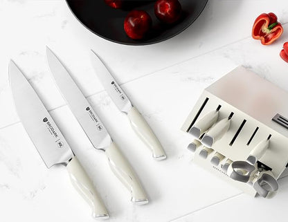 BRODARK Kitchen Knife Sets with Block and Built-in Sharpener - Ultra Sharp15 Pcs Full Tang Professional Chef Knife Set, High Carbon Super Steel Cutlery Set, Ivory Series with Gift Box for Mom - Image 5