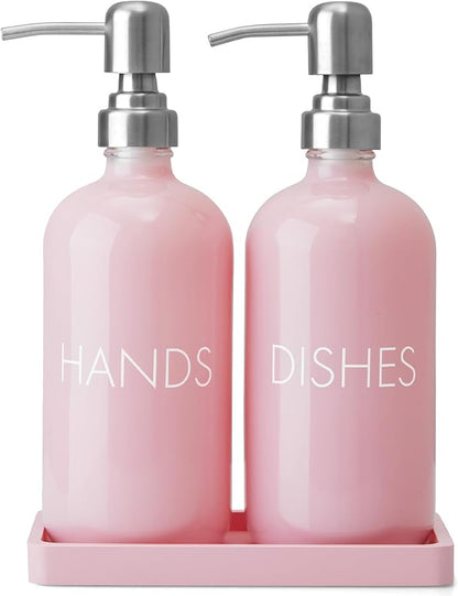 Pink Glass Dish and Hand Soap Dispenser Set - Kitchen Soap Dispenser with Tray and Stainless Steel Pump - for Modern Pink Kitchen Decor and Accessories