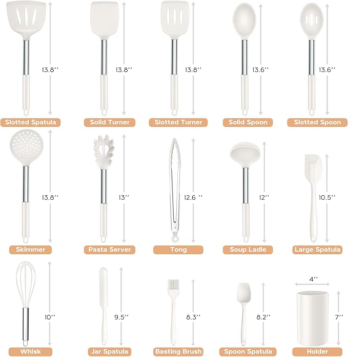 Onader Silicone Kitchen Utensils Set, 15pcs White Silicone Cooking Utensils Set with Holder, Includes Heat Resistant Spatula Turner Spoon Whisk Tong - Image 2