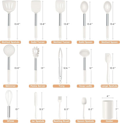 Onader Silicone Kitchen Utensils Set, 15pcs White Silicone Cooking Utensils Set with Holder, Includes Heat Resistant Spatula Turner Spoon Whisk Tong - Image 2