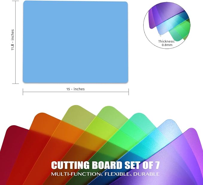 Fotouzy Plastic Cutting Boards for Kitchen, Flexible Cutting Mats Set of 7, BPA-Free, Non-Porous, Dishwasher Safe, 15x12 In, 7 Translucent Colors - Image 4