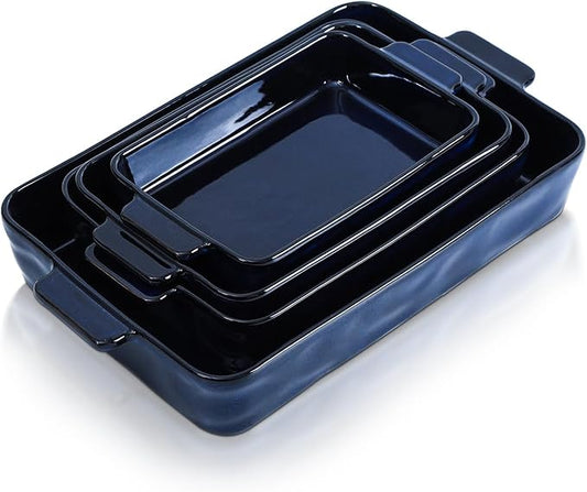 VICRAYS Ceramic Bakeware Set, Porcelain Rectangular Lasagna Pans Casserole Dish Set for Baking, Cooking, Kitchen, Cake Dinner, Banquet and Daily Use, 4 PCS, Blue(9.52"/11.06"/11.77"/14.56") by VicraysCeramic