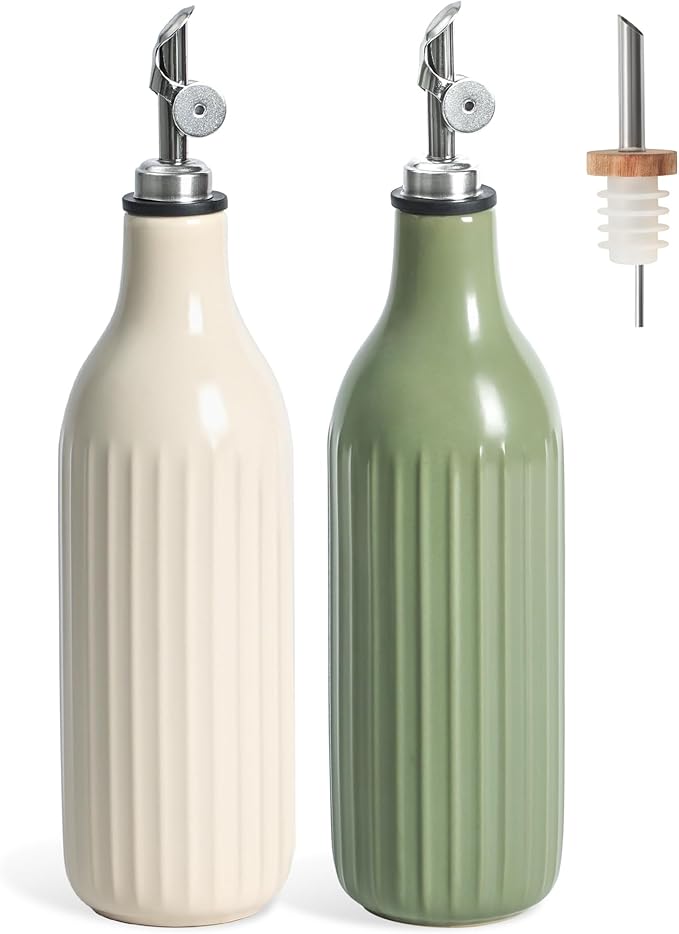 FE FUN ELEMENTS Olive Oil Dispenser Bottle, 19 oz Oil Dispenser for Kitchen and Vinegar Dispenser Bottle, Suitable for Vinegar, Coffee Syrups & Other Liquids, White and Green Set of 2 by IntoYourHouseOntoYourTable