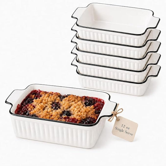 6 Pcs Ceramic Baking Dish, 12 Oz Small Casserole Dish with Handle, Porcelain Bakeware Sets, 5 inch Rectangular Lasagna Pans, Baking Serving Dishes for Casserole, Cakes, Dishwasher Oven Safe by DLIMHOME