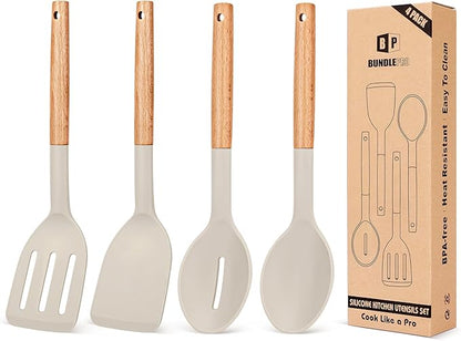 Pack of 4 Silicone Cooking Utensils Set, Non Stick Solid Spatulas and Heat Resistant Slotted Spoons with Wooden Handle, Ideal Wood Kitchen Utensils Set for Frying,Serving,Turning,Stirring (KHAKI) by BUNDLEPRO