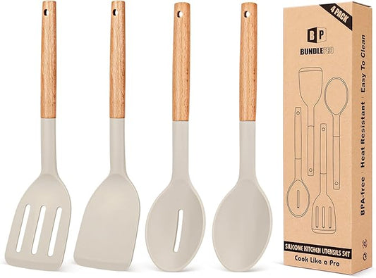 Pack of 4 Silicone Cooking Utensils Set, Non Stick Solid Spatulas and Heat Resistant Slotted Spoons with Wooden Handle, Ideal Wood Kitchen Utensils Set for Frying,Serving,Turning,Stirring (KHAKI) by BUNDLEPRO