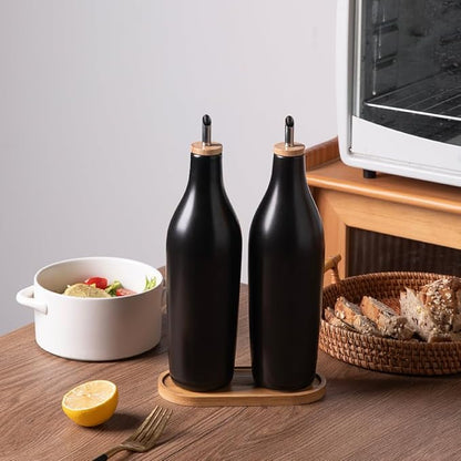 Sweejar Matte Ceramic Olive Oil Dispenser Bottles with Bamboo Tray, 17 Oz Oil Dispenser Set for Kitchen Counter, Opaque Oil Cruet for Cooking, EVOO, Vinegar, Avocado Oil, Pack of 2 (Black & Tray) - Image 4