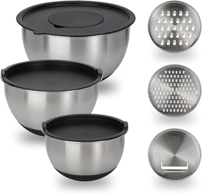 GreatChef Mixing Bowls Stainless Steel Set of 9-1.5, 3.0, 5QT Bowl and Graters, with Airtight Lids, Non-slip Base, Metal Nesting, Storage, Salad, Baking, Elegance in Every Mix & Serving by Unknown