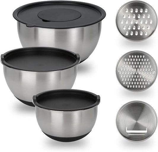 GreatChef Mixing Bowls Stainless Steel Set of 9-1.5, 3.0, 5QT Bowl and Graters, with Airtight Lids, Non-slip Base, Metal Nesting, Storage, Salad, Baking, Elegance in Every Mix & Serving by Unknown