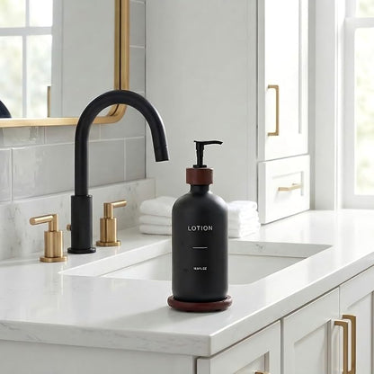 Soap Dispenser Bathroom, Refillable Lotion Dispenser with Tray, Glass Lotion Bottle with Pump, Suitable for Bathroom Countertop Soap Dispensers, Modern Home Decor. (Black)