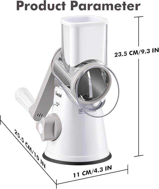Geedel Rotary Cheese Grater, Kitchen Mandoline Vegetable Slicer with 3 Interchangeable Blades, Easy to Clean Rotary Grater Slicer for Fruit, Vegetables, Nuts - Image 9