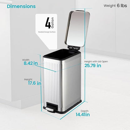 Home Zone Living 4 Gallon Kitchen Trash Can with Soft-Closing Lid and Step Pedal, Stainless Steel with Slim Ribbed Design for Home and Office, Silver, 17 Liters - Image 2