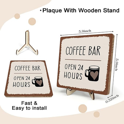 Coffee Bar Sign Plaque Decor,Coffee Bar Accessories,Rustic Wooden Tabletop Plaque with Stand, Minimalist Farmhouse Kitchen Counter Sign,Cute Mini Café Bar Decor Gift 5.9x5.9Inch - Image 2