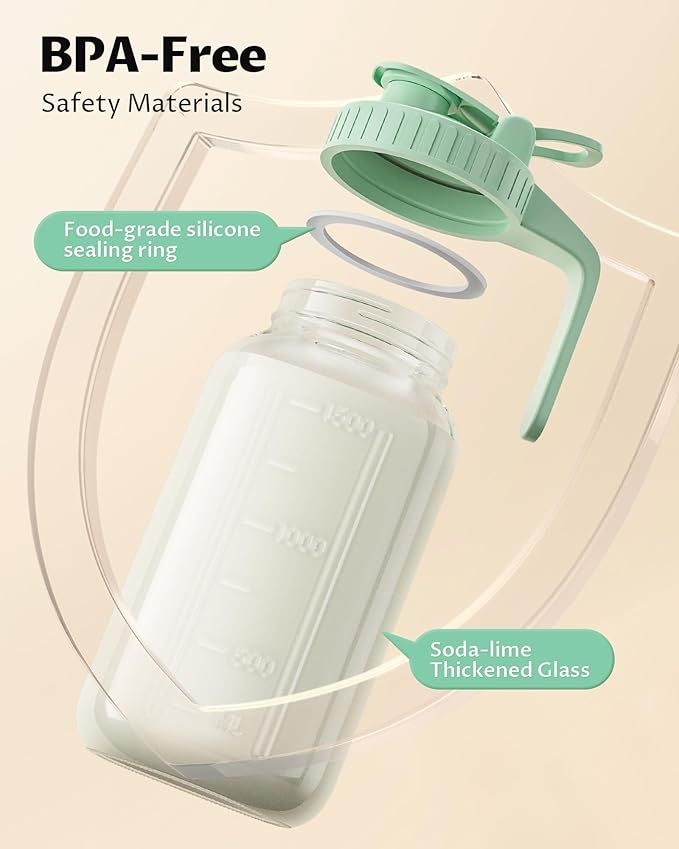 64oz Glass Breast Milk Pitcher with Lid & Pour Spout, 2 Quart Airtight Leakproof BreastMilk Fridge Storage Container - Wide Mouth, Dishwasher Safe Formula Pitcher with Handle - Image 2