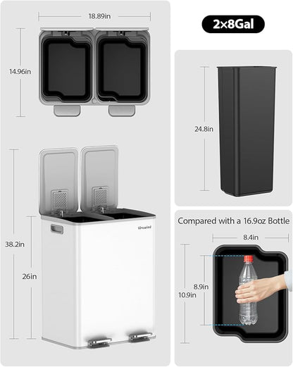 Lovewind Kitchen Trash Can, 2 x 8 Gallon (2 x 30 L) Stainless Steel Trash and Recycle Bin Combo with Soft-Close Lid, Dual Compartment Recycling Kitchen Step Trash Bin, White - Image 5