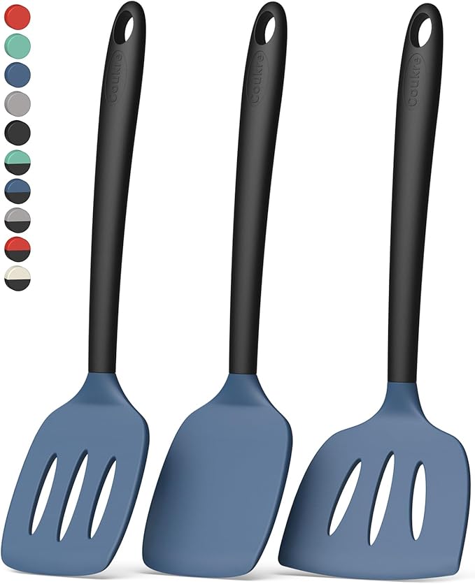 Coukre 3 Pack Silicone Spatula Set, High Heat Resistant, BPA-Free, Fish Spatula, Solid & Slotted Turner for Non-Stick Pans, Flipping Eggs, Pancakes, Fish, Burgers (3, DarkBlueBlack) by Coukre