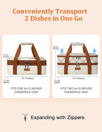 Vuudh Expandable Casserole Carrier Bag, Double Deckered Insulated Food Bag for 2 Dishes, Hot Cold Lasagna Holder Tote for Picnic, Potluck, Travel
