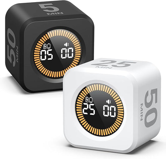 KADAMS Pomodoro Cube Timer Productivity Visual Timer - 5/10/25/50 Min Rotating Countdown (2 Pack Black & White)