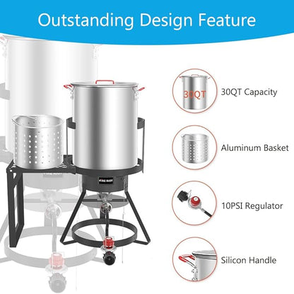 Fire Riot 30Qt Turkey Fryer with Basket, Outdoor Propane Deep Fryers Burner Stand, 50,000BTU Cast Iron Burner, Steamer and Seafood Boiler Set, Black