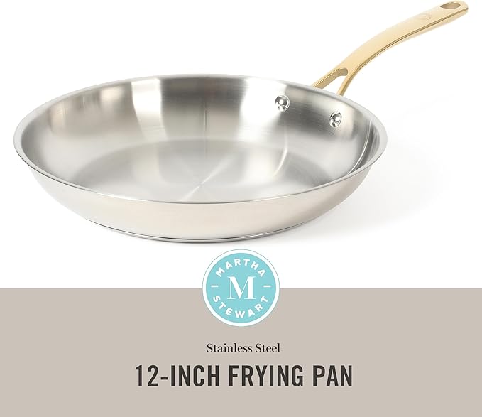 Martha Stewart Castelle 12-Inch Stainless Steel Frying Pan with Gold-Tone Handle – Tri-Ply Encapsulated Bottom, Oven Safe & Induction Safe Skillet for Searing and Sautéing - Image 2