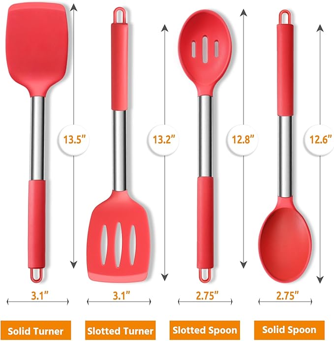 Cooking Utensils Set of 4, E-far Silicone Kitchen Utensils for Non-stick Cookware, Heat Resistant & Non-toxic Slotted Spatula Solid Spoon Turner for Flipping Mixing Serving Basting(Red) - Image 2