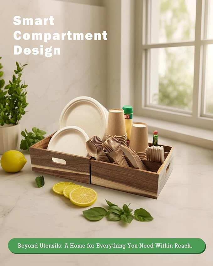 Acacia Wood Utensil Holder for Party (Set of 2) - 11" x 9.5" Utensil Caddy for Parties & Silverware Caddy for Countertop - Holds Plates, Napkins, Cups, Spoons, Forks - Kitchen Accessories - Image 8