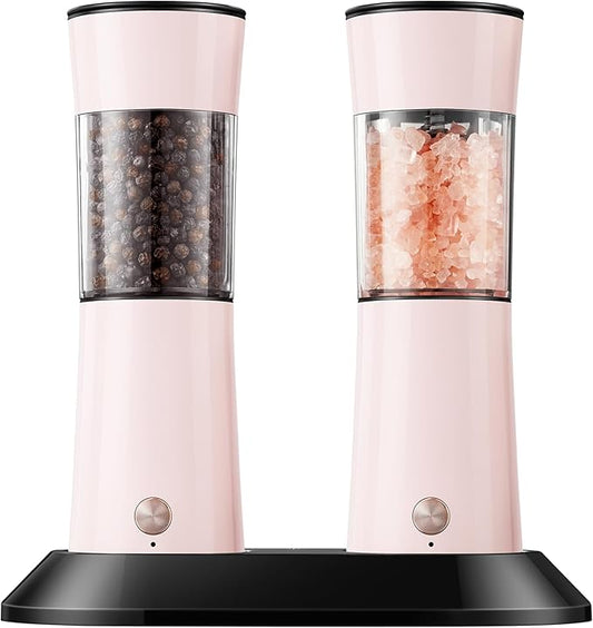 Gravity Electric Salt and Pepper Grinder Set 2-Pack, USB-C Rechargeable with LED Light, Automatic Stainless Steel Mills for Kitchen, BBQ, Dining Table & Gifts - Petal Pink