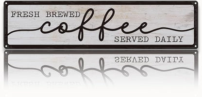 Coffee Metal Tin Signs, Fresh Brewed Coffee Served Daily Sign, Coffees Decoration for Cafe Bar Coffees Station, Kitchen, Restaurant, Hotel, Decorative Metal Wall Signs 15.8x4 Inches by Unknown