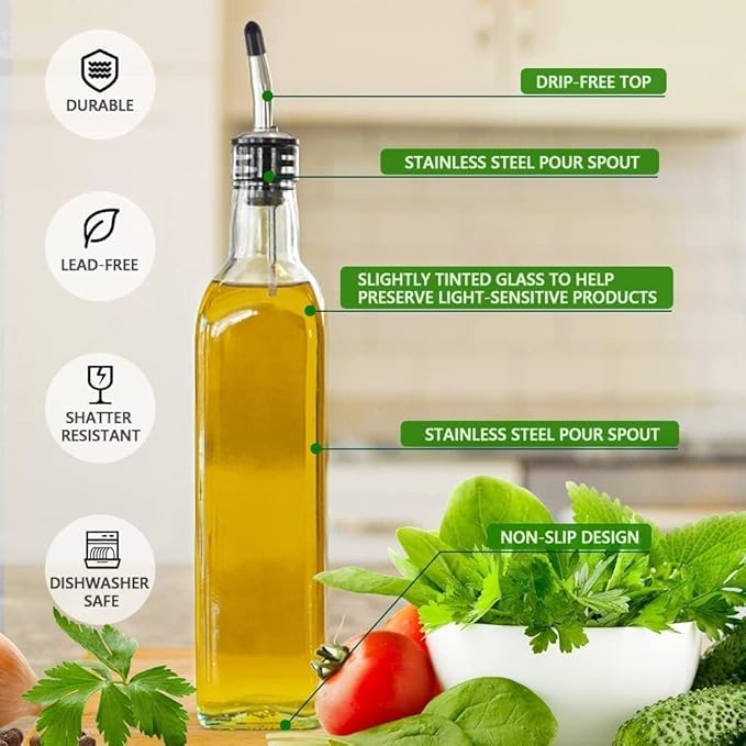Leaflai Olive Oil Dispenser Bottle, 1 Pcs Glass Olive Oil Dispenser and Vinegar Dispenser Set with 2 Stainless Steel Pourers, 2 Labels,1 Brush and 1 Funnel Oil Bottles for Kitchen (500ml) - Image 5