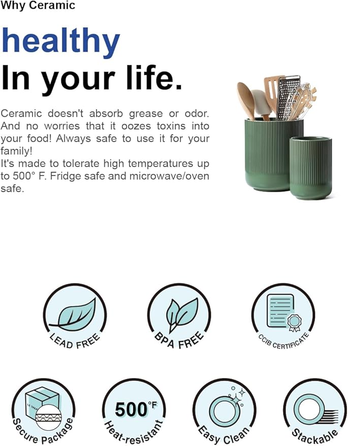 LE TAUCI Utensil Holder for Kitchen Counter, 7.3"+5.4" Fluted Ceramic Utensil Crock Organizer for Countertop, Heavy Large Holder for Spatulas, Spoons, Set of 2, Forest Green - Image 7