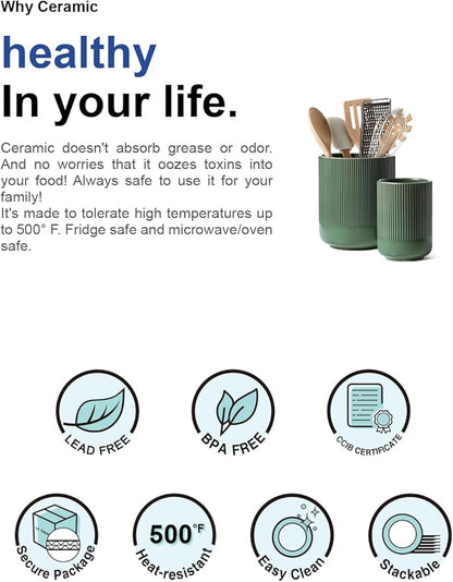 LE TAUCI Utensil Holder for Kitchen Counter, 7.3"+5.4" Fluted Ceramic Utensil Crock Organizer for Countertop, Heavy Large Holder for Spatulas, Spoons, Set of 2, Forest Green - Image 7