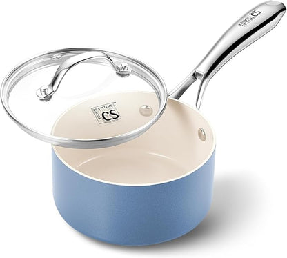 KOCH SYSTEME CS Small Saucepan with Lid, 1 Quart Nonstick Sauce Pan with PFAS-FREE Ceramic Coatings, Non-Toxic, Scratch-Resistant Small Cooking Pot with Lid, 1QT Small Sauce Pan, Blue by KOCHSYSTEMECS