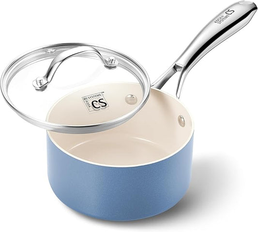 KOCH SYSTEME CS Small Saucepan with Lid, 1 Quart Nonstick Sauce Pan with PFAS-FREE Ceramic Coatings, Non-Toxic, Scratch-Resistant Small Cooking Pot with Lid, 1QT Small Sauce Pan, Blue by KOCHSYSTEMECS