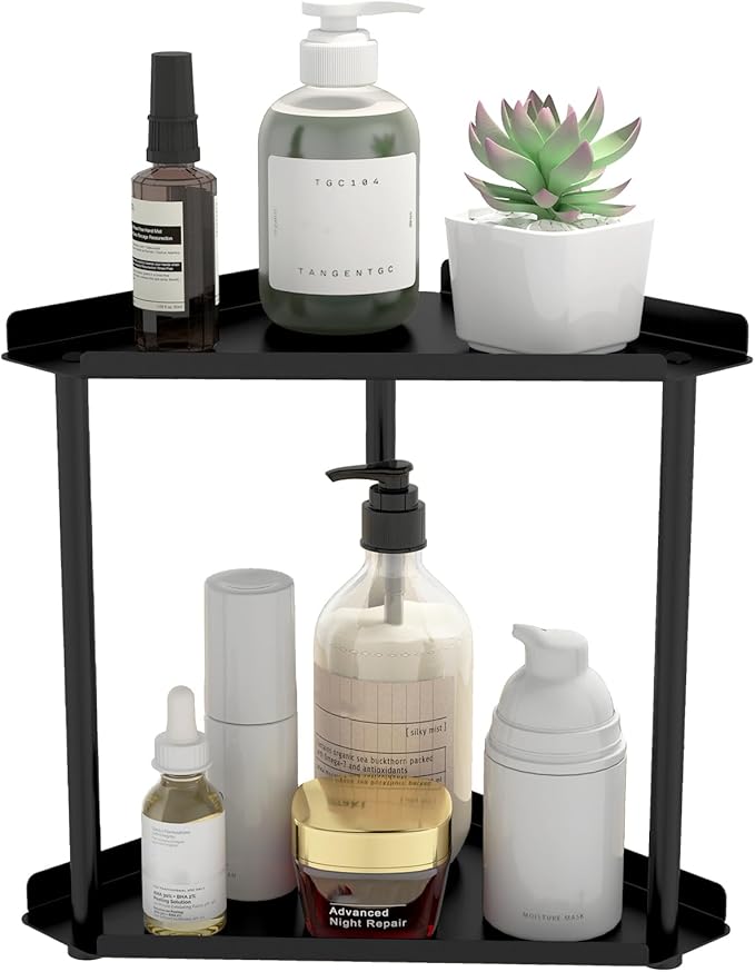 Jesginboo 2 Tier Bathroom Counter Organizer, Vanity Organizer Corner Shelf, Skincare, Makeup Countertop Organizers, Kitchen, Bathroom Counter Storage, Black by Jesginboo