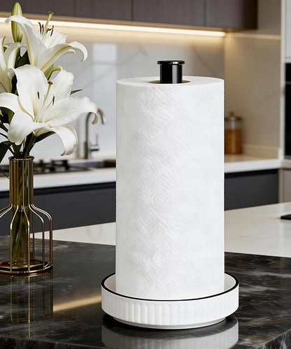 VROOMIUM Paper Towel Holder Countertop, Gold and Ceramic Base Easy-to-Clean, Fits Double to Family Rolls, Elegant and Durable Kitchen Roll Stand, Farmhouse White