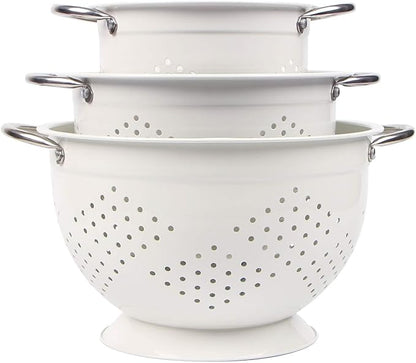 Rorence Powder Coated Steel Colanders: 1.5 Quart 3 Quart & 5 Quart Set of 3 - White